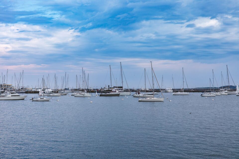 Sailboats and yachts moored on calm water, evoking the Clear Lake marinas near League City, TX