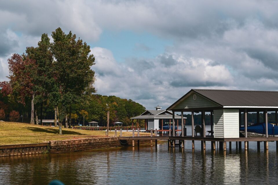 Lakeside lawn, gazebo and pier on a Texas lake near Montgomery, TX