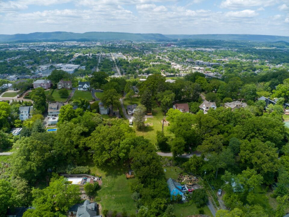 Aerial view of lush suburban greenery and homes in the Houston area, typical of Sugar Land, TX